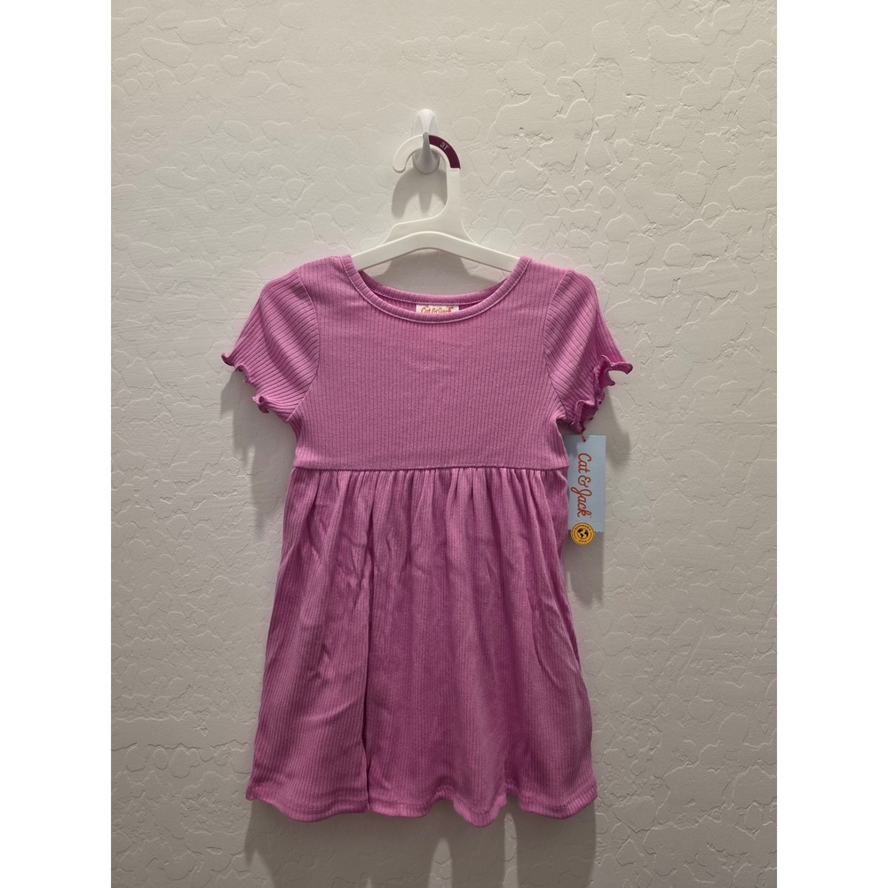 Cat & Jack Ribbed Knit Dress Girls 3T Opera Mauve New‎ Short Sleeve Lettuce Trim